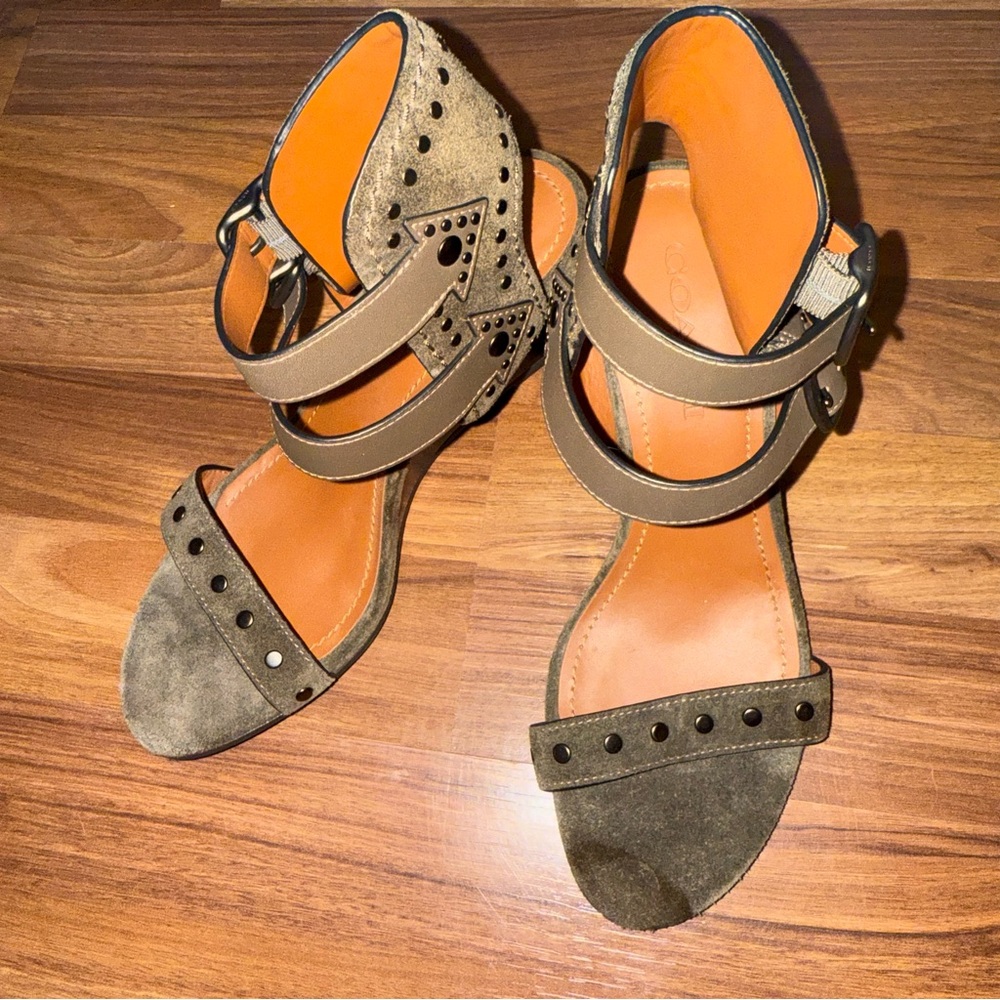 Coach Olive Green Suede Wedge Sandals with Brown Accents - Picture 12 of 13
